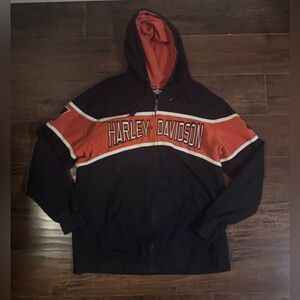 Vintage Harley-Davidson Men's Black and Orange Zip-Up Hoodie XL